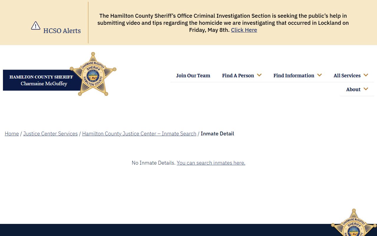 Hamilton County jail mugshots inmate detail empty state without confirmed booking photo