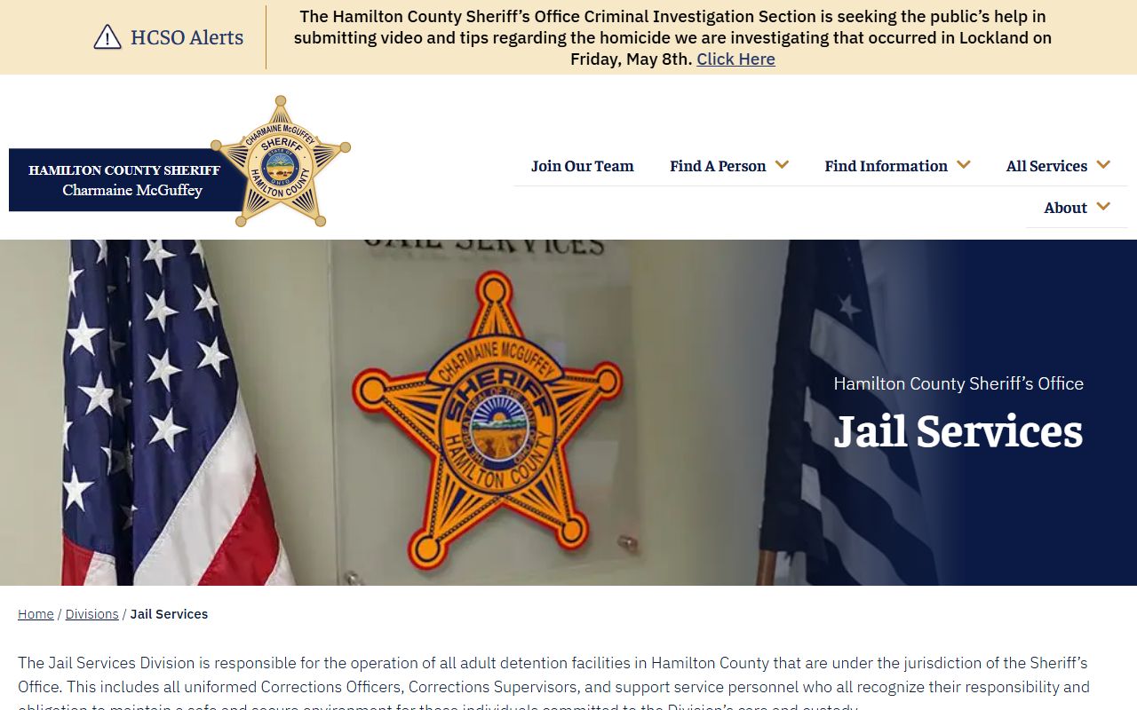 Hamilton County inmate population Jail Services Division capacity page