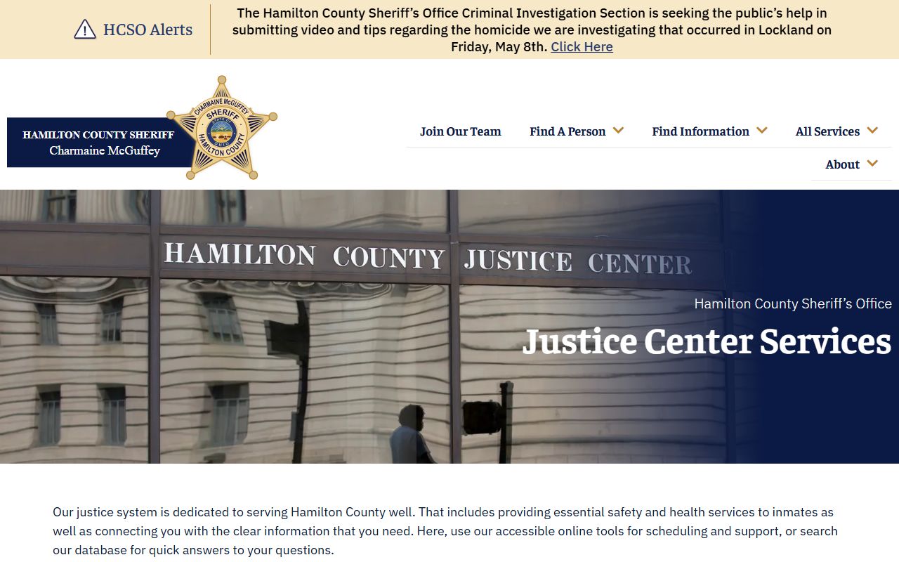 Hamilton County Justice Center inmate services landing page